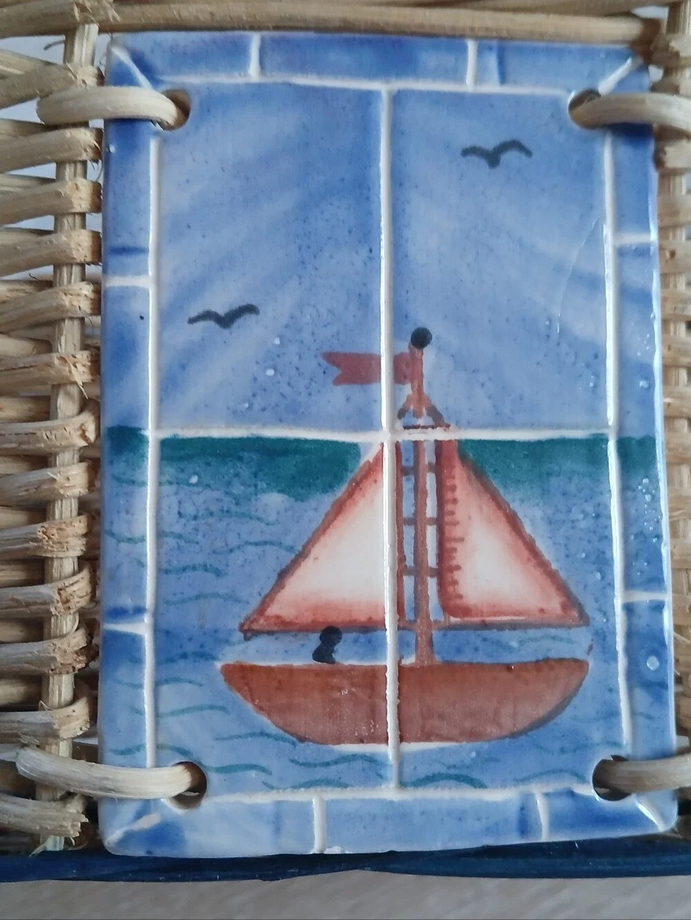 Woven Basket Nautical Ceramic Tiles Lighthouse Sailboat Coastal Decor Storage